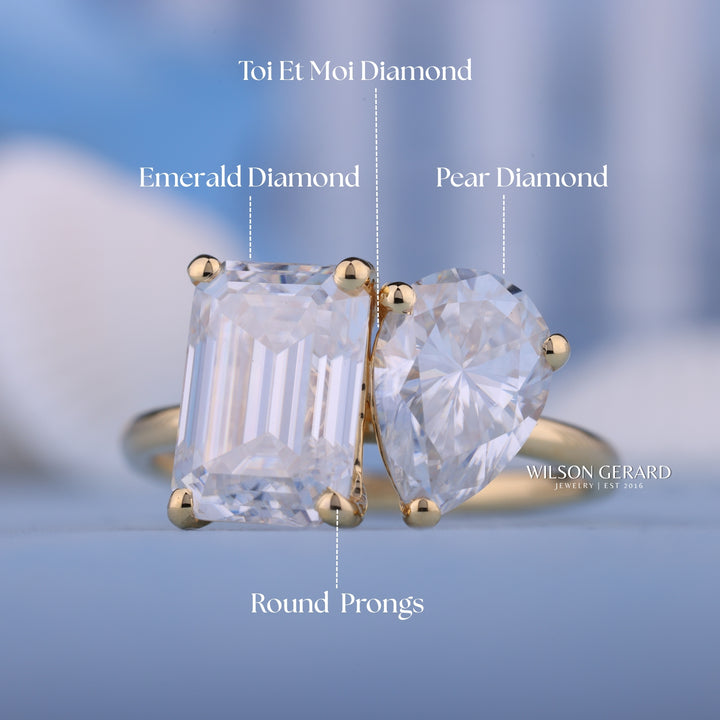 1.0CT Emerald & Pear E/VS1 Lab Grown Diamond Toi Et Moi Engagement Ring