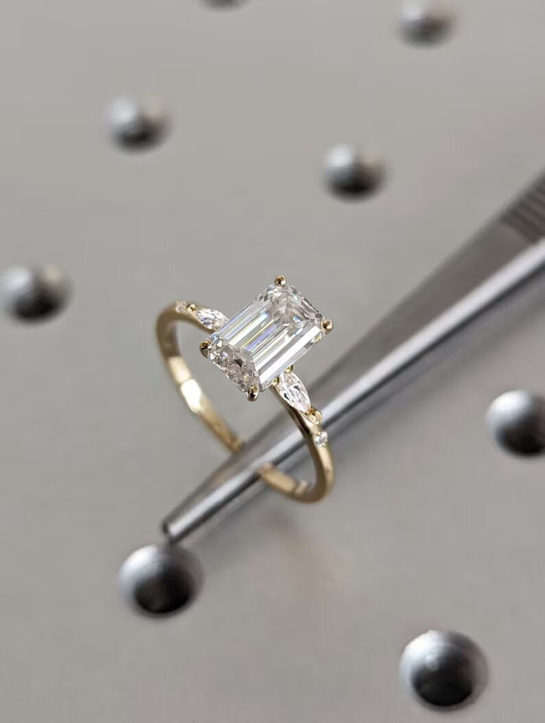 2.0CT Emerald Cut Cluster Lab Grown Diamond Engagement Ring Minimalist Ring