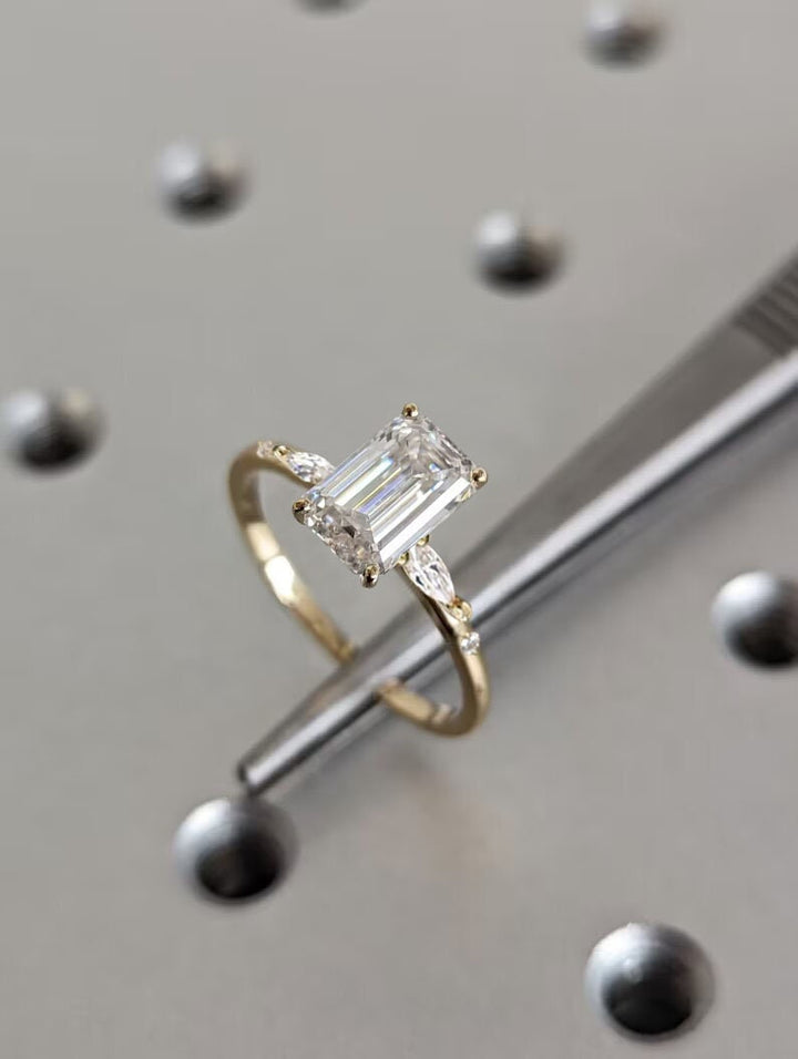 2.0CT Emerald Cut Cluster Lab Grown Diamond Engagement Ring Minimalist Ring