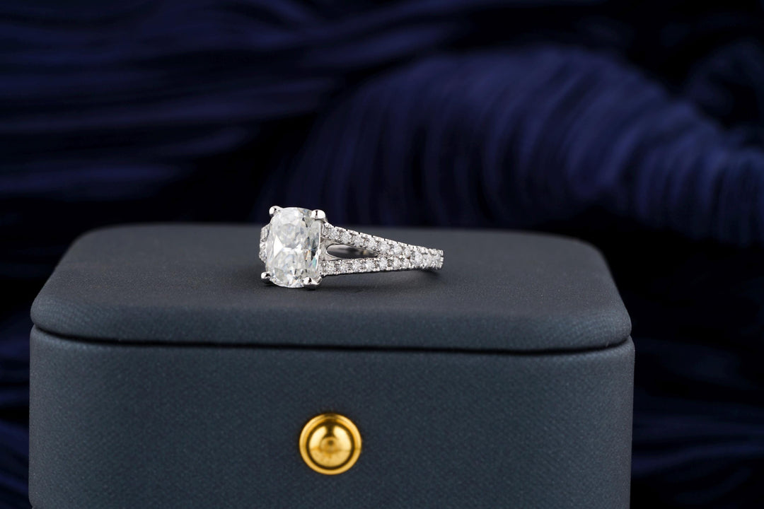 2.0CT Elongated Cushion Cut Split Shank Lab Grown Diamond Pave Engagement Ring