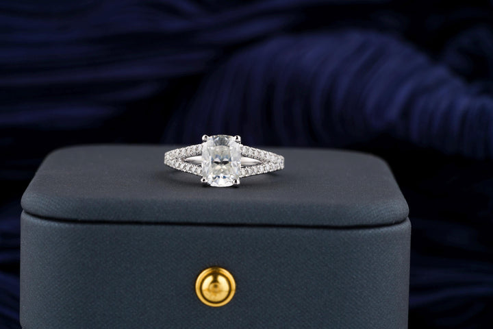 2.0CT Elongated Cushion Cut Split Shank Lab Grown Diamond Pave Engagement Ring