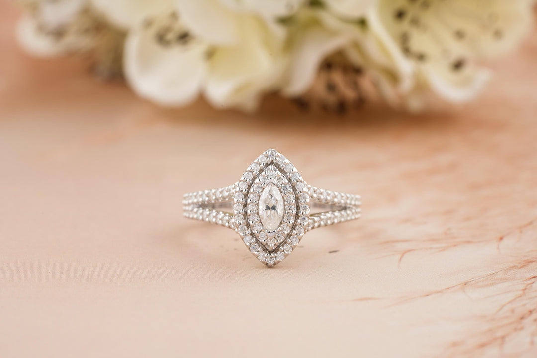 0.50CT Marquise Cut Double Halo Lab Grown Diamond Split Shank Engagement Ring For Women