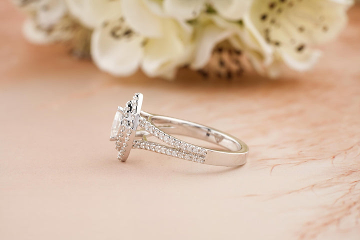 0.50CT Marquise Cut Double Halo Lab Grown Diamond Split Shank Engagement Ring For Women