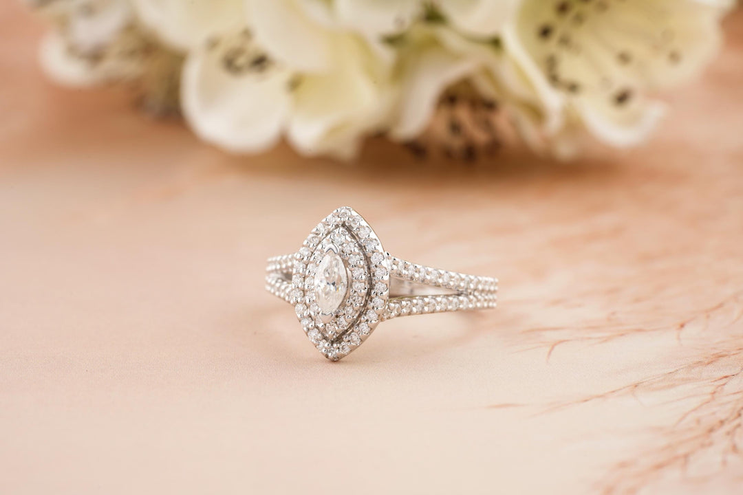 0.50CT Marquise Cut Double Halo Lab Grown Diamond Split Shank Engagement Ring For Women