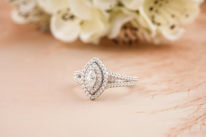 0.50CT Marquise Cut Double Halo Lab Grown Diamond Split Shank Engagement Ring For Women