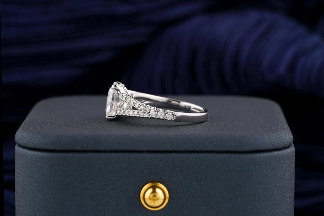 2.0CT Elongated Cushion Cut Split Shank Lab Grown Diamond Pave Engagement Ring