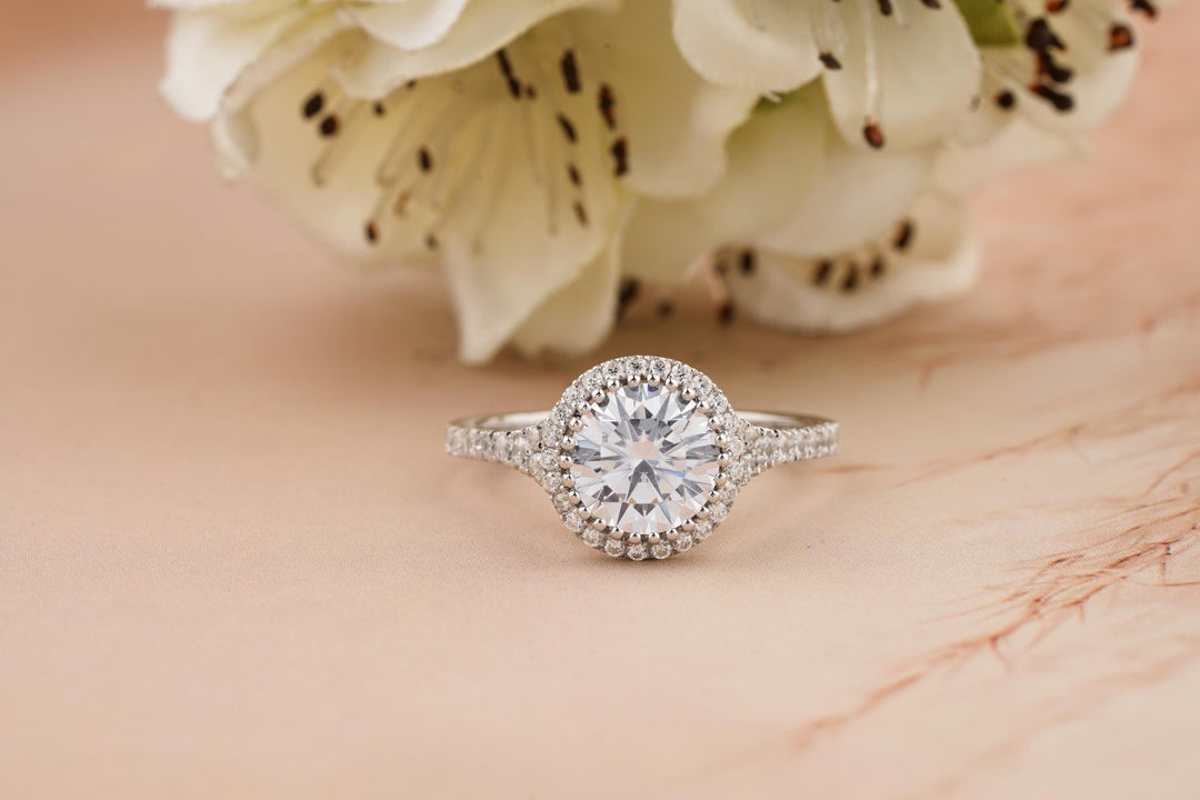 1.50CT Round Cut Halo Marquise Cut Split Shank Lab Grown Diamond Engagement Ring