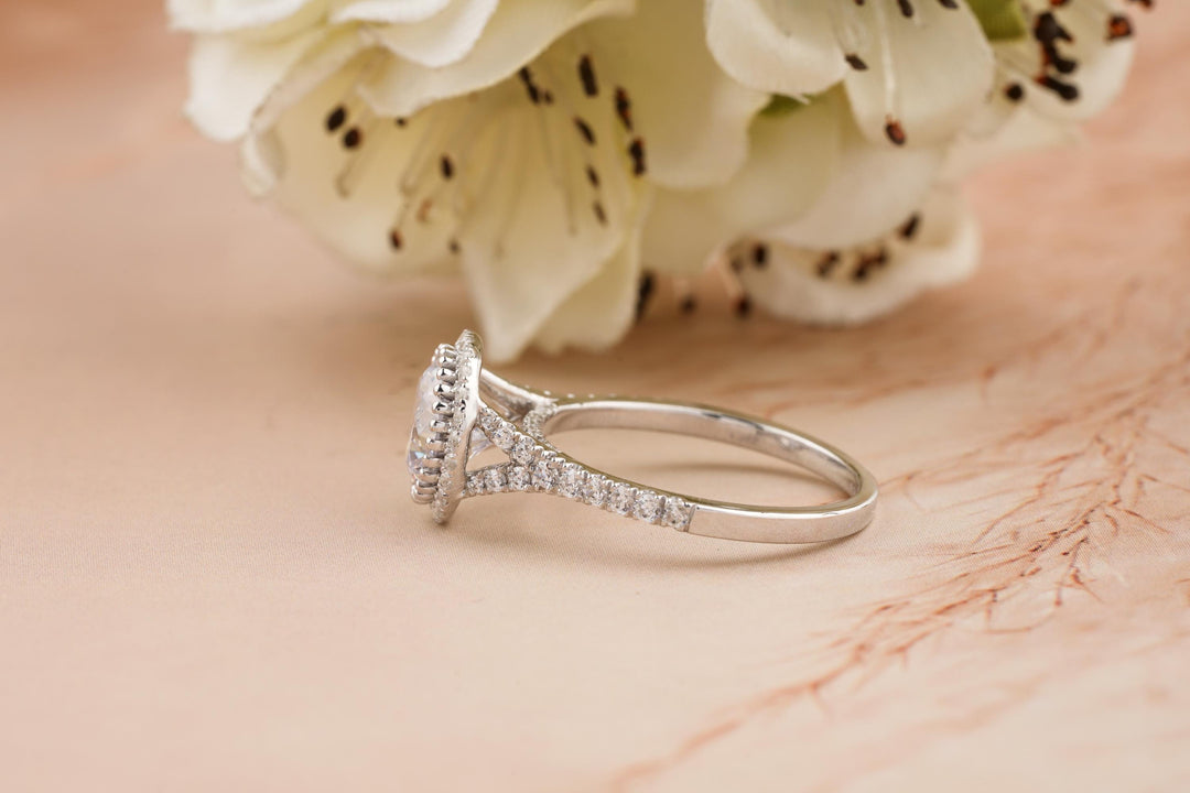 1.50CT Round Cut Halo Marquise Cut Split Shank Lab Grown Diamond Engagement Ring