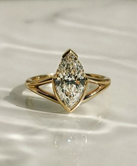 2.0CT Marquise Cut Bezel Set Lab Grown Diamond Split Shank Engagement Ring For Her