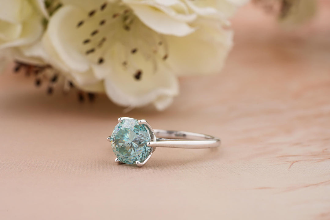 2.0CT Cyan Blue Portuguese Cut Solitaire Lab Grown Diamond Engagement Ring For Women