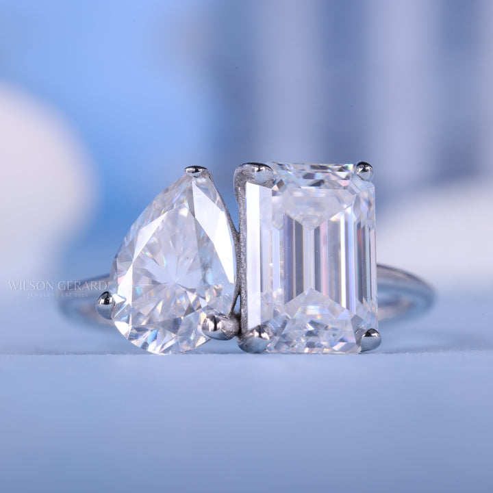 1.0CT Emerald & Pear E/VS1 CVD Diamond Toi Et Moi Engagement Ring