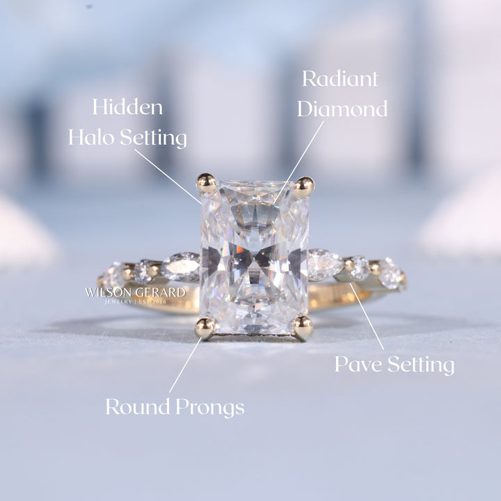 2.50CT Radiant Cut E/VS2 Lab Grown Diamond Hidden Halo Bar Pave Timeless Engagement Rings