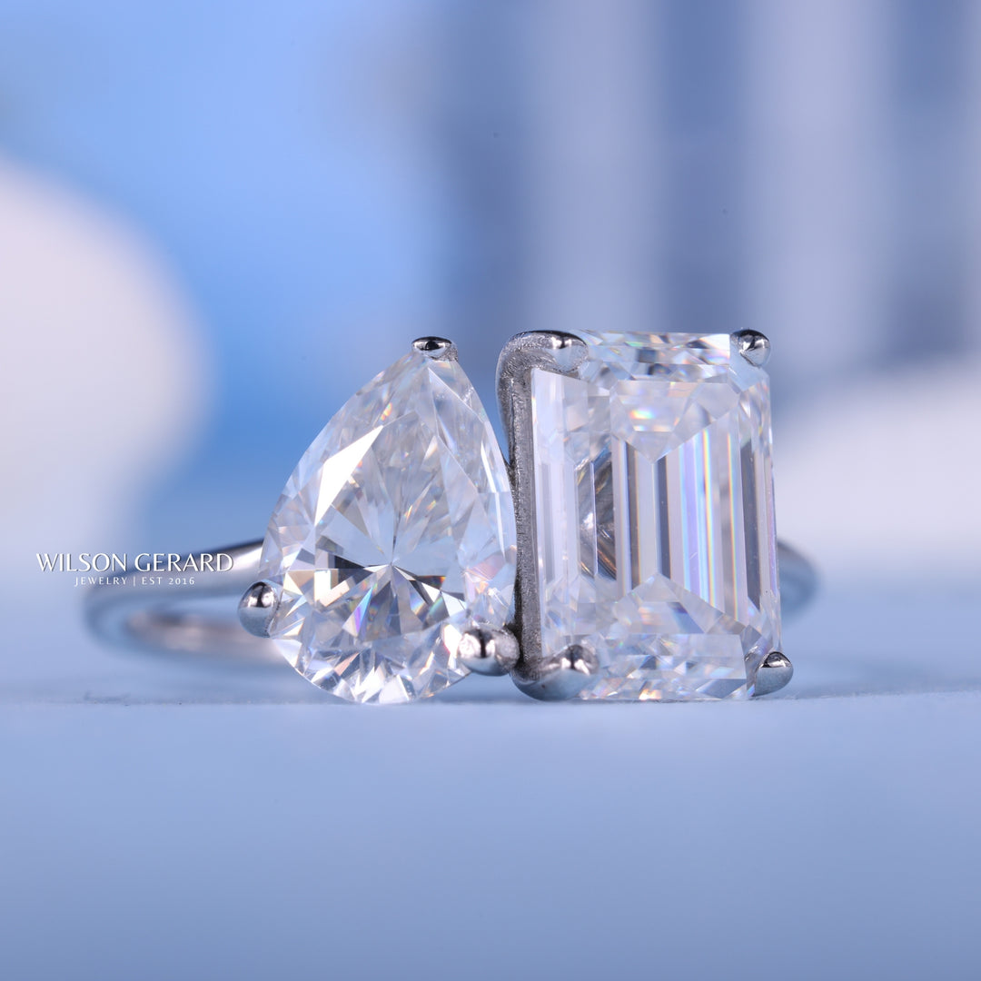 1.0CT Emerald & Pear E/VS1 CVD Diamond Toi Et Moi Engagement Ring