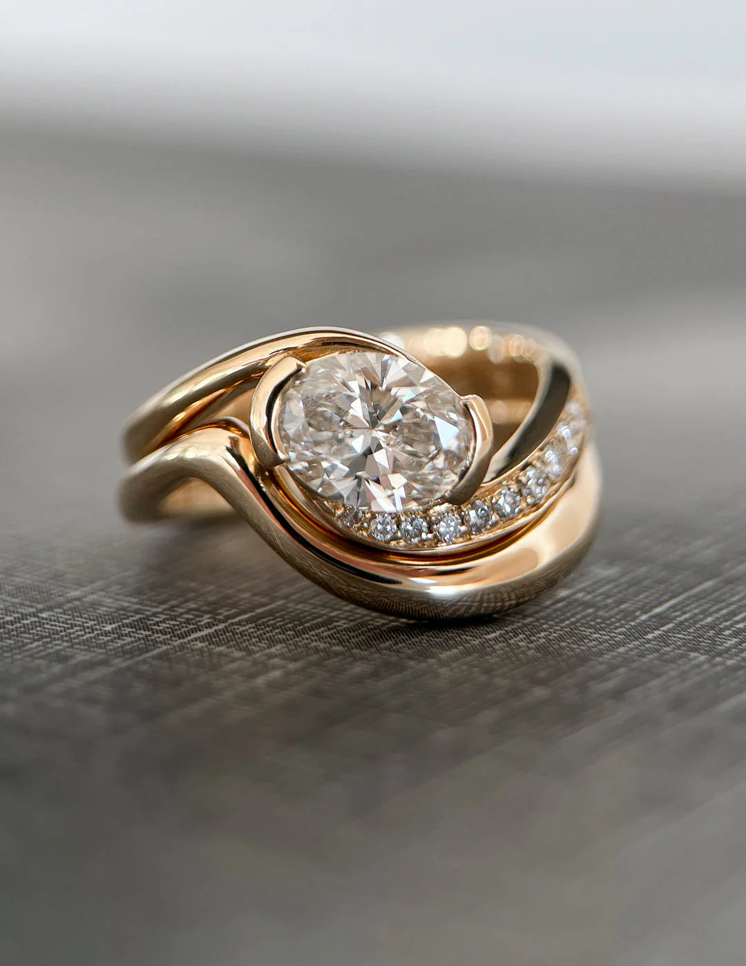 Oval East West Lab Grown Bypass Pavé Engagement Ring With Matching Curved Band