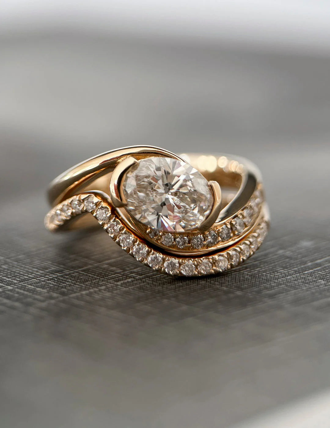 Oval East West Lab Grown Pavé Engagement Ring With Matching Curved Band