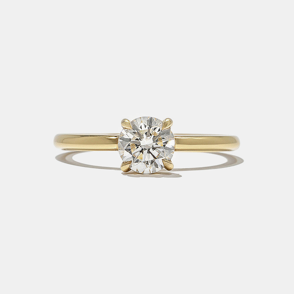Front view of 0.75 carat round lab grown diamond hidden halo solitaire engagement ring with E VS1 center stone