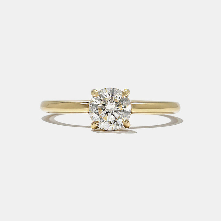 Front view of 0.75 carat round lab grown diamond hidden halo solitaire engagement ring with E VS1 center stone