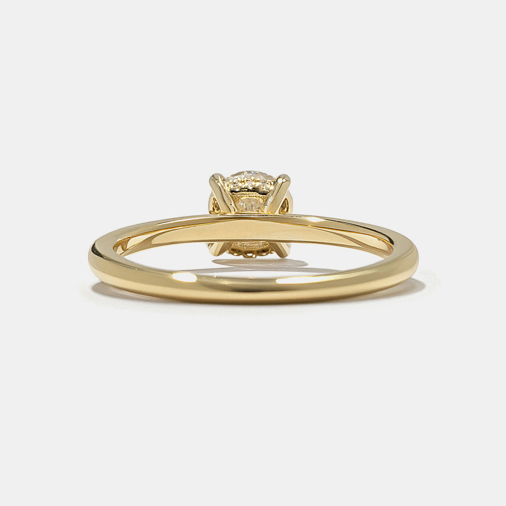 0.75 carat round E VS1 lab grown diamond engagement ring in minimal hidden halo solitaire setting design