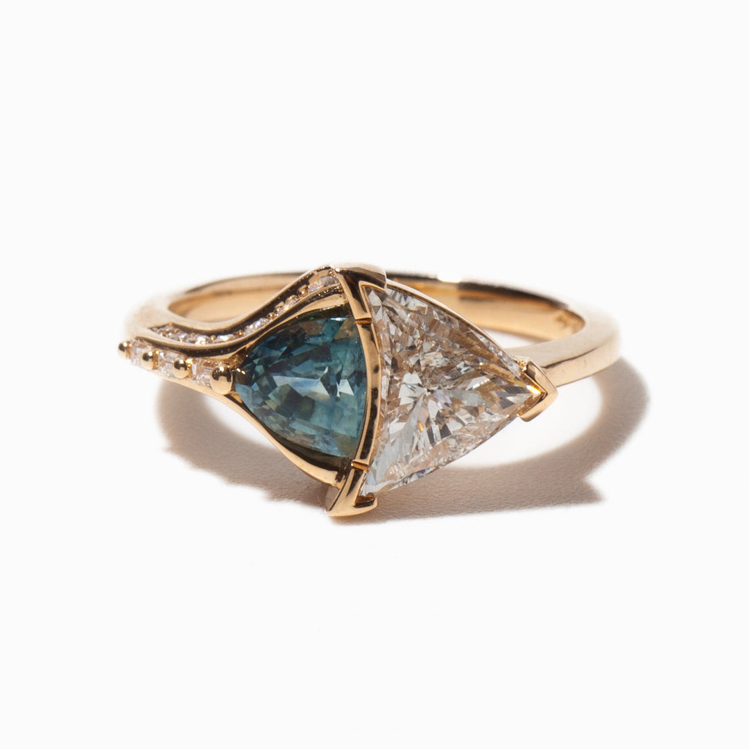 trillion cut lab diamond teal sapphire engagement ring unique design