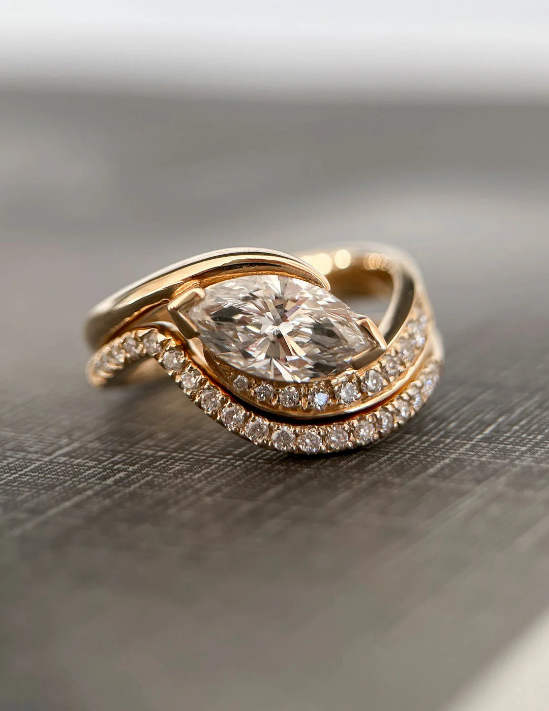 Marquise CVD Diamond Bypass Pavé Engagement Ring With Matching Curved Band