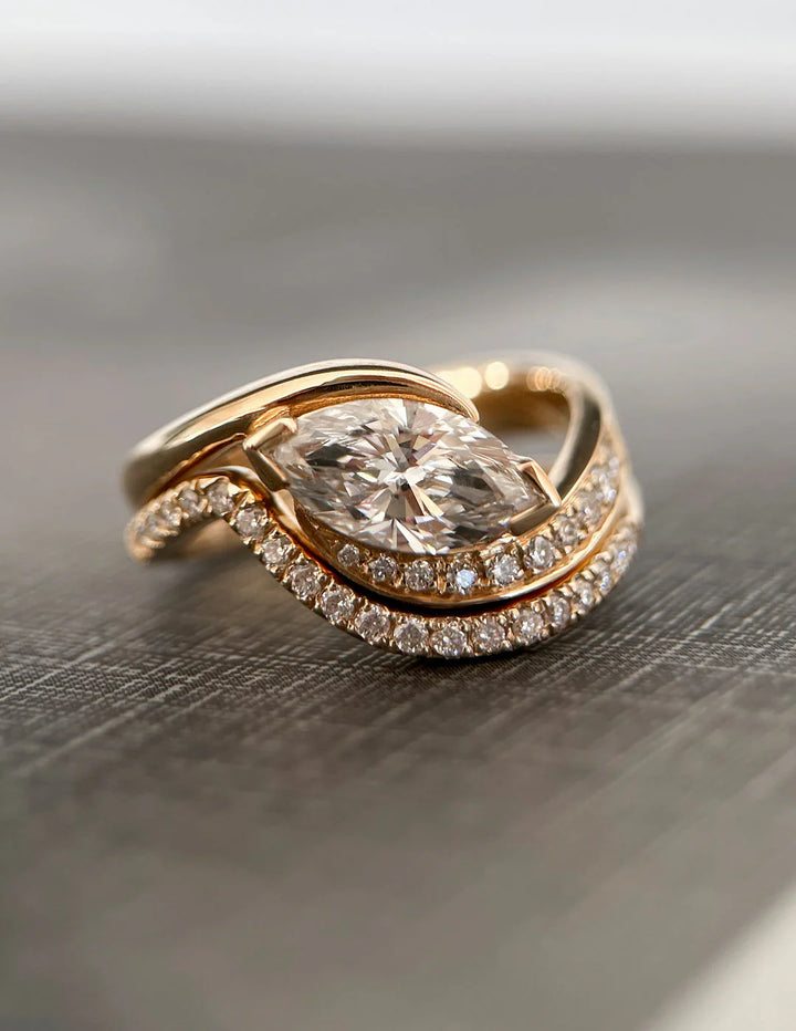 Marquise CVD Diamond Bypass Pavé Engagement Ring With Matching Curved Band