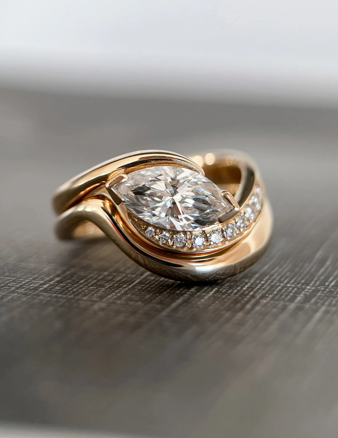 Marquise Tension Style Pavé Lab Grown Diamond Engagement Ring With Matching Curved Band