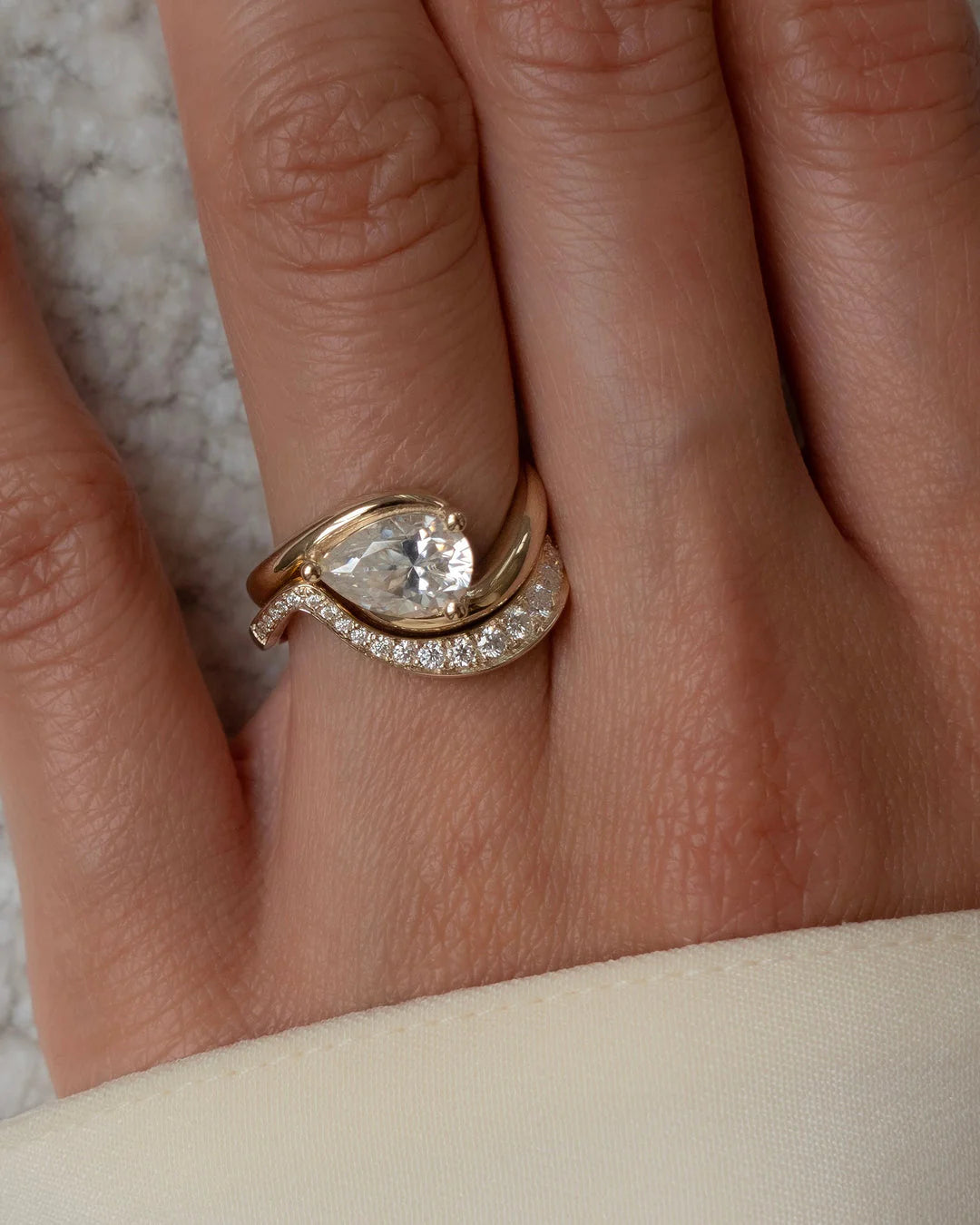 Pear East West Tension Style Lab Grown Diamond Engagement Ring With Matching Band