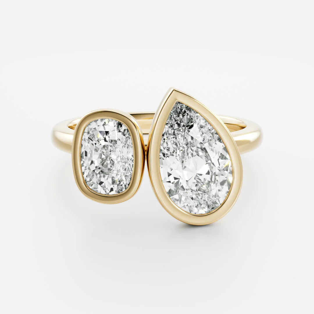 1 carat toi et moi pear cushion bezel engagement ring lab grown diamond IGI certified