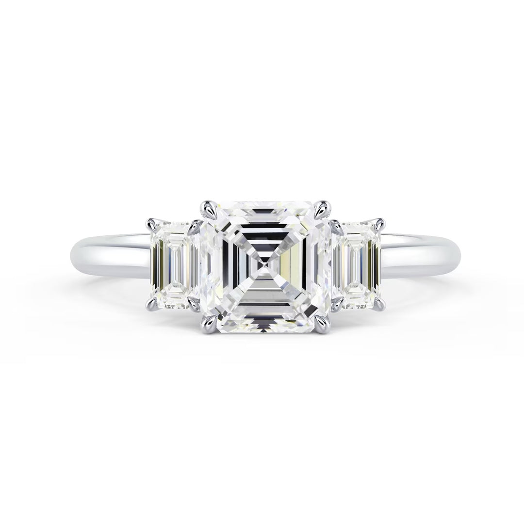 Front view of a 1.50CT Asscher cut lab grown diamond three stone engagement ring featuring E VS2 quality diamonds