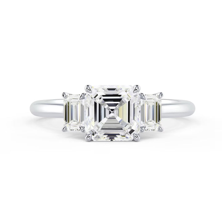 Front view of a 1.50CT Asscher cut lab grown diamond three stone engagement ring featuring E VS2 quality diamonds