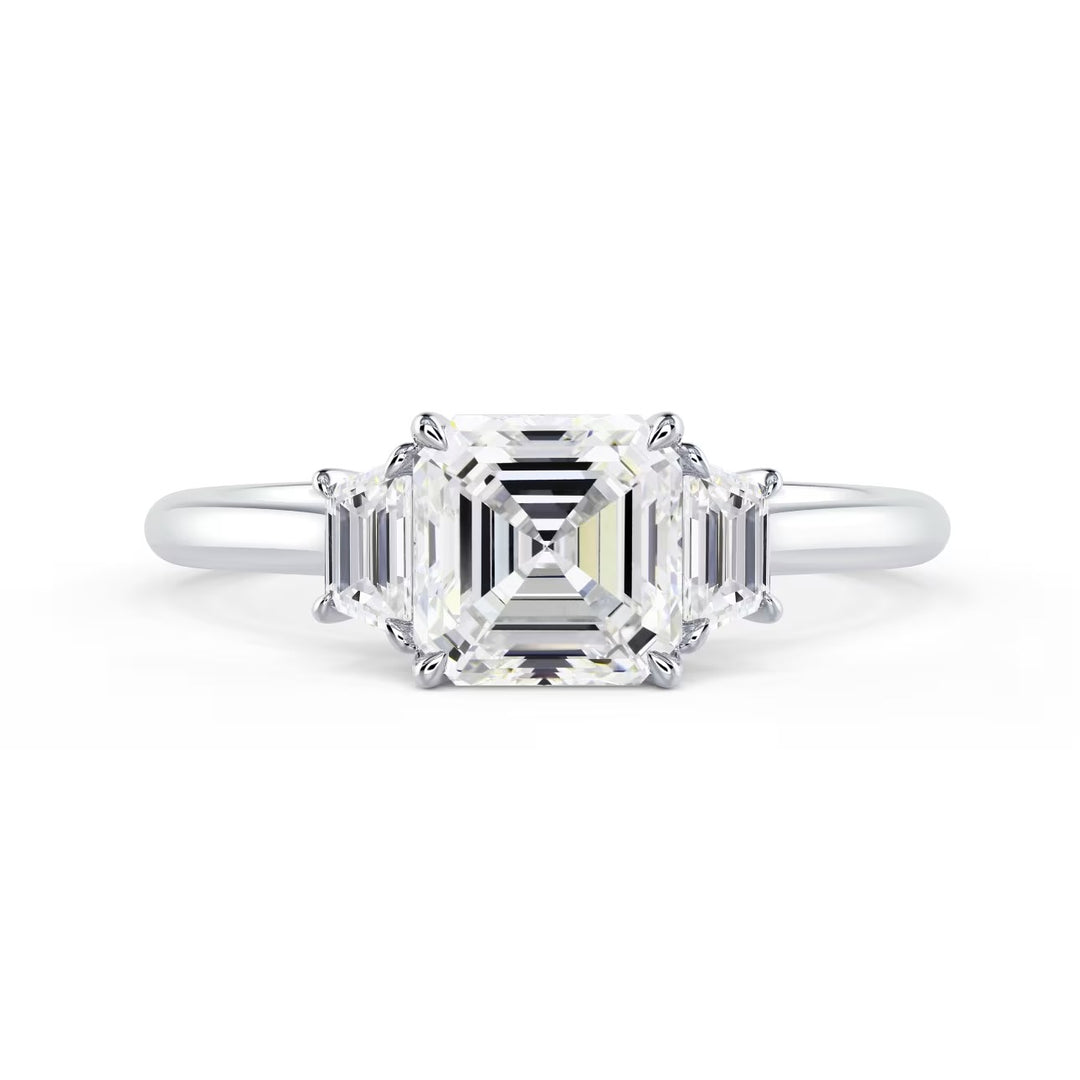 1.50CT Asscher cut lab grown diamond three stone engagement ring with E VS2 center stone and exceptional brilliance