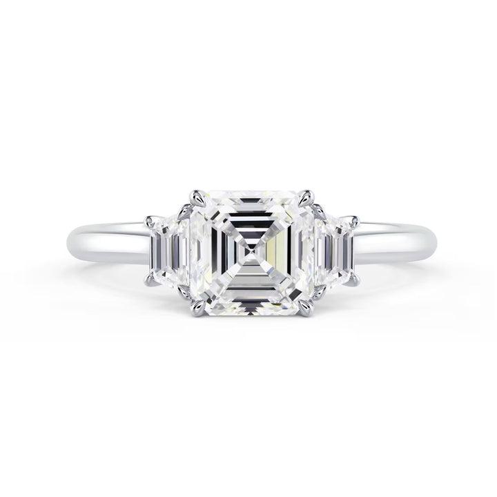 1.50CT Asscher cut lab grown diamond three stone engagement ring with E VS2 center stone and exceptional brilliance