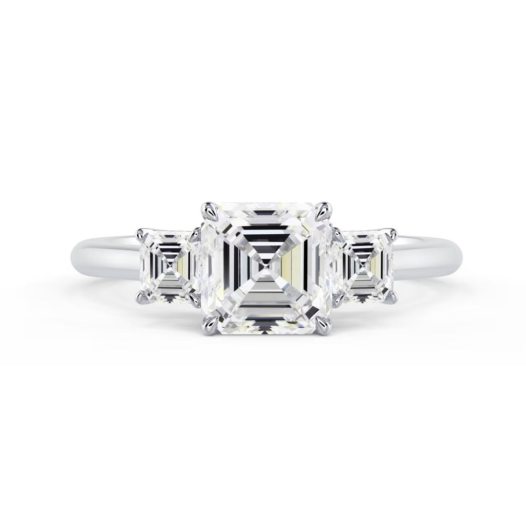 1.50CT Asscher cut lab grown diamond three stone engagement ring featuring an E VS1 center diamond and timeless elegance