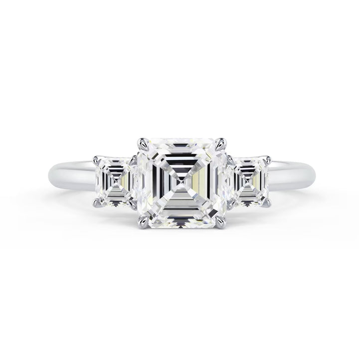 1.50CT Asscher cut lab grown diamond three stone engagement ring featuring an E VS1 center diamond and timeless elegance
