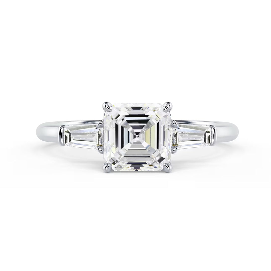 1.50CT Asscher cut lab grown diamond three stone engagement ring featuring an E VS2 center diamond and timeless elegance