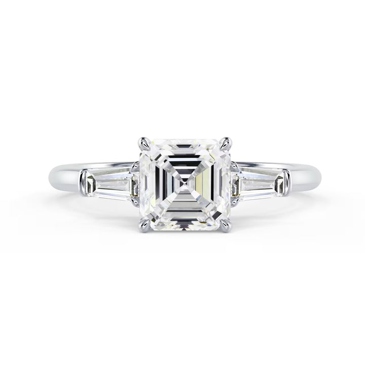 1.50CT Asscher cut lab grown diamond three stone engagement ring featuring an E VS2 center diamond and timeless elegance