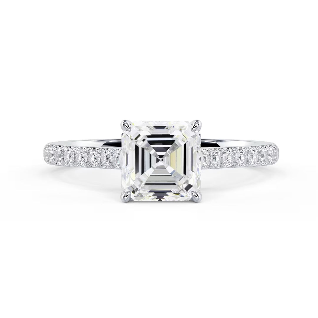 asscher lab grown diamond engagement ring cathedral pave