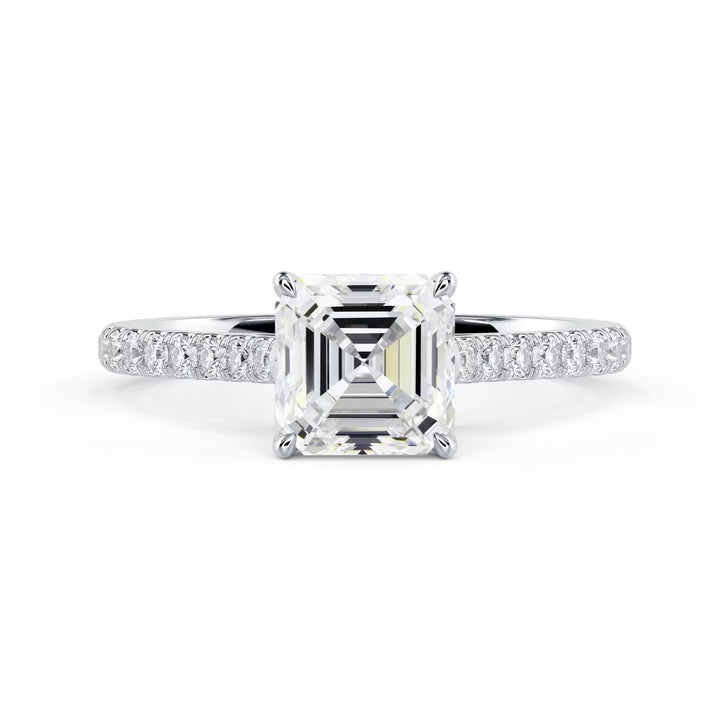 asscher lab grown diamond engagement ring cathedral pave