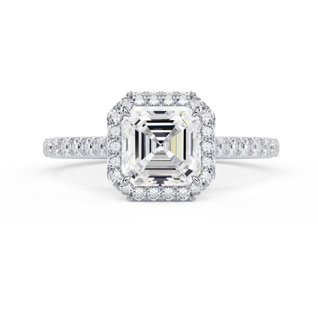 Front view of a 1.50CT asscher cut lab diamond halo cathedral pave engagement ring with E VS2 center stone brilliance