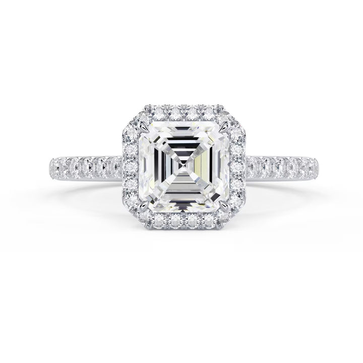 Front view of a 1.50CT asscher cut lab diamond halo cathedral pave engagement ring with E VS2 center stone brilliance