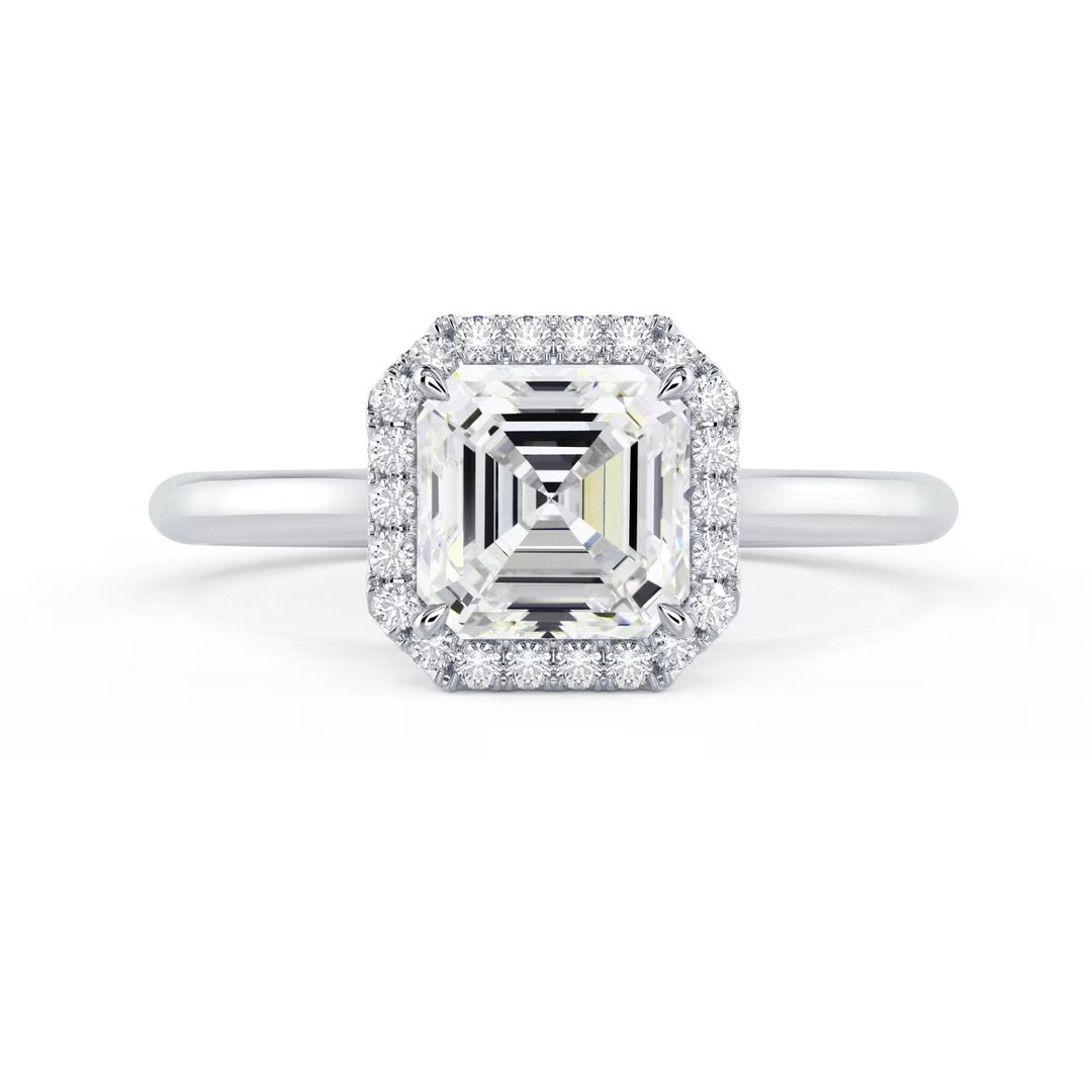 Front view of a 1.50CT asscher cut lab grown diamond halo solitaire engagement ring with E VS1 center stone clarity