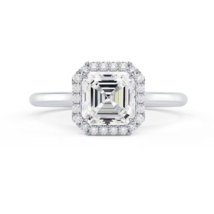 Front view of a 1.50CT asscher cut lab grown diamond halo solitaire engagement ring with E VS1 center stone clarity