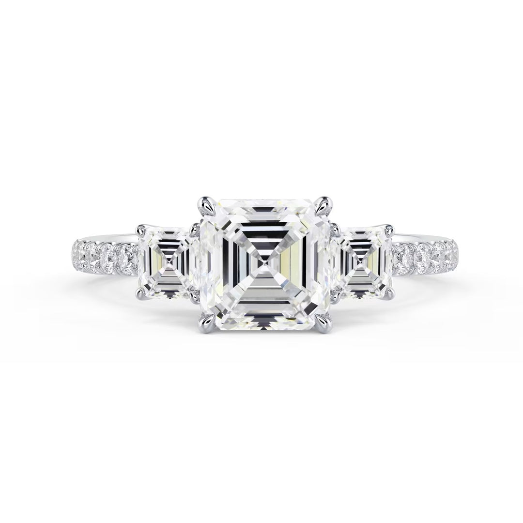 Front view of 1.50CT Asscher cut lab grown diamond three stone pave engagement ring E VS1 showing step-cut brilliance