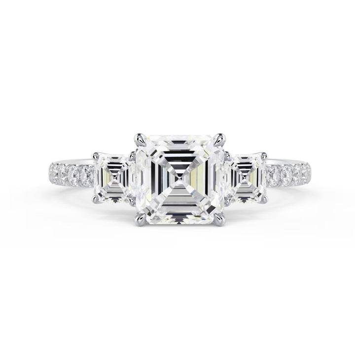 Front view of 1.50CT Asscher cut lab grown diamond three stone pave engagement ring E VS1 showing step-cut brilliance