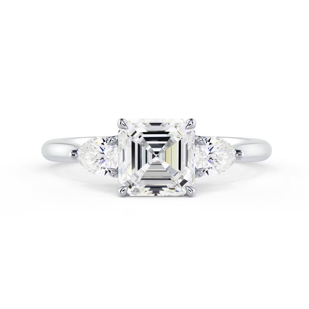 Front view of 1.50CT Asscher cut lab grown diamond three stone engagement ring E VS2 showing step-cut brilliance and symmetry