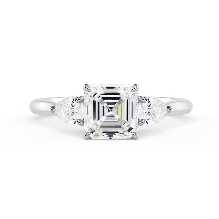 Front view of 1.50CT Asscher cut lab grown diamond three stone engagement ring E VS2 showing step-cut brilliance and symmetry
