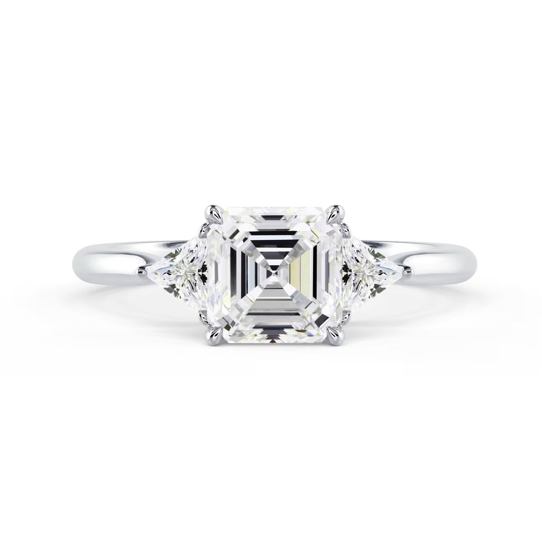 Front view of 1.50CT Asscher cut lab grown diamond three stone engagement ring E VS1 showing step-cut brilliance and symmetry