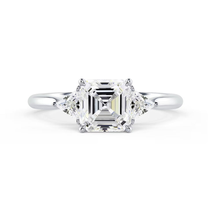 Front view of 1.50CT Asscher cut lab grown diamond three stone engagement ring E VS1 showing step-cut brilliance and symmetry