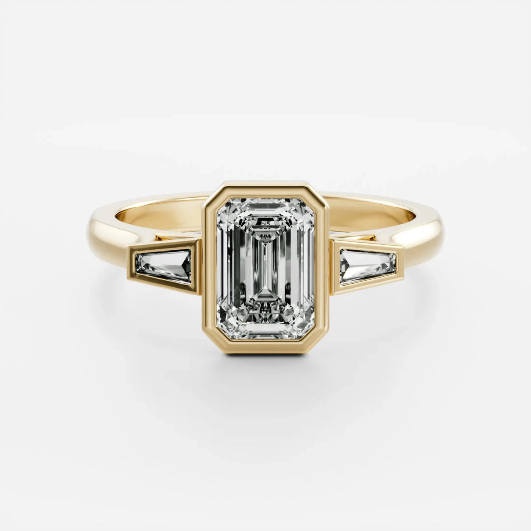 1.5 carat emerald cut bezel three stone engagement ring lab grown diamond IGI certified
