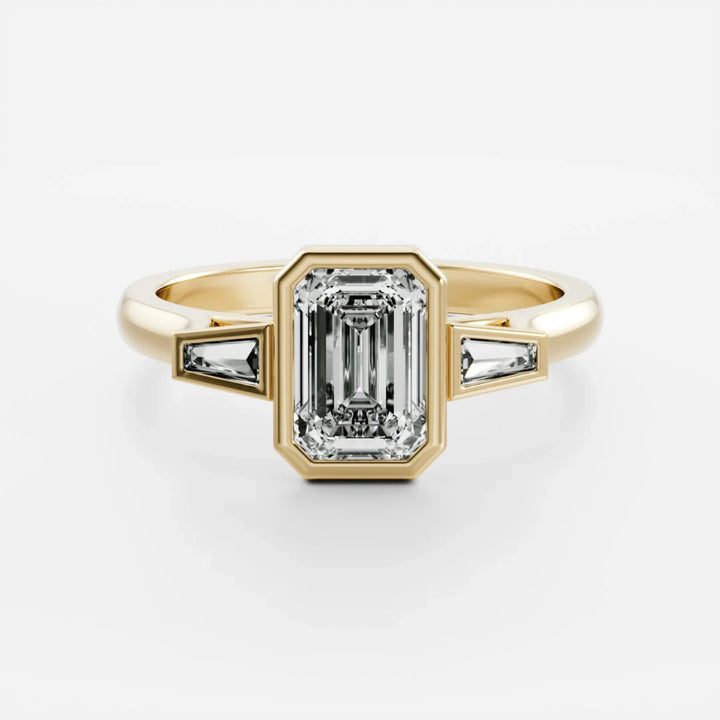 1.5 carat emerald cut bezel three stone engagement ring lab grown diamond IGI certified